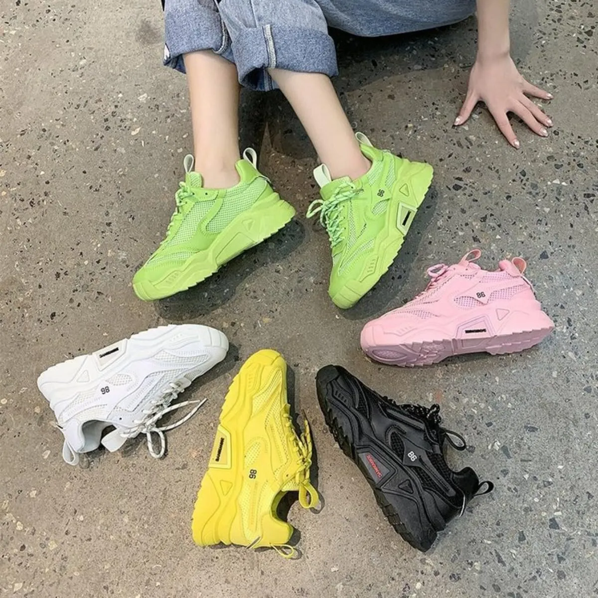 Mesh PU Breathable Stylish Chunky Sneakers Y2K Lightweight Sport Shoes for Women Streetwear Daily Walk Travel Outfit Boost Bold Yellow Letter Design