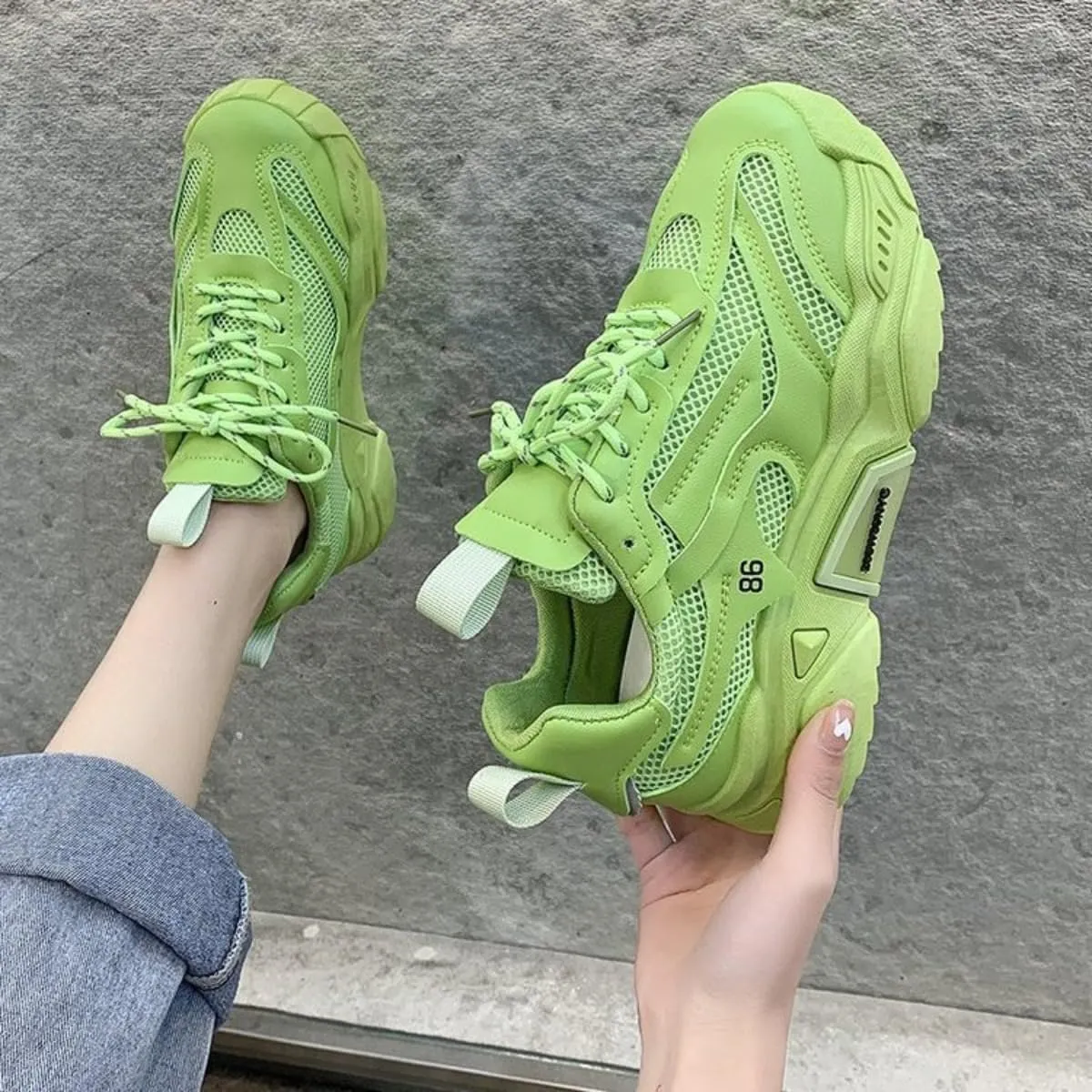 Mesh PU Breathable Stylish Chunky Sneakers Y2K Lightweight Sport Shoes for Women Streetwear Daily Walk Travel Outfit Boost Bold Yellow Letter Design