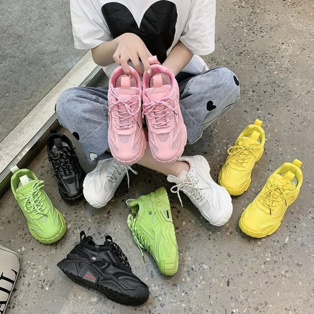 Mesh PU Breathable Stylish Chunky Sneakers Y2K Lightweight Sport Shoes for Women Streetwear Daily Walk Travel Outfit Boost Bold Yellow Letter Design
