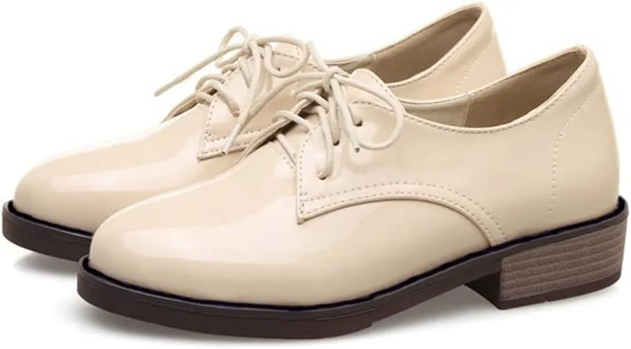MIOKE Women's Classic Lace Up Oxford Shoes Patent Leather Comfort Flat Low Heel School Oxfords Loafers
