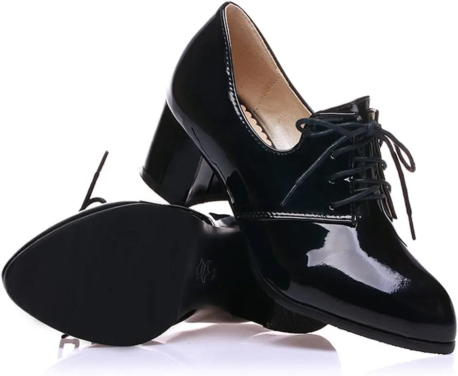 MIOKE Women's Pointed Toe Pump Oxfords Classic Patent Leather Lace Up Block Heel Brogue Western Dress Shoes