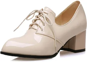 MIOKE Women's Pointed Toe Pump Oxfords Classic Patent Leather Lace Up Block Heel Brogue Western Dress Shoes
