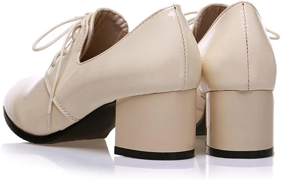 MIOKE Women's Pointed Toe Pump Oxfords Classic Patent Leather Lace Up Block Heel Brogue Western Dress Shoes