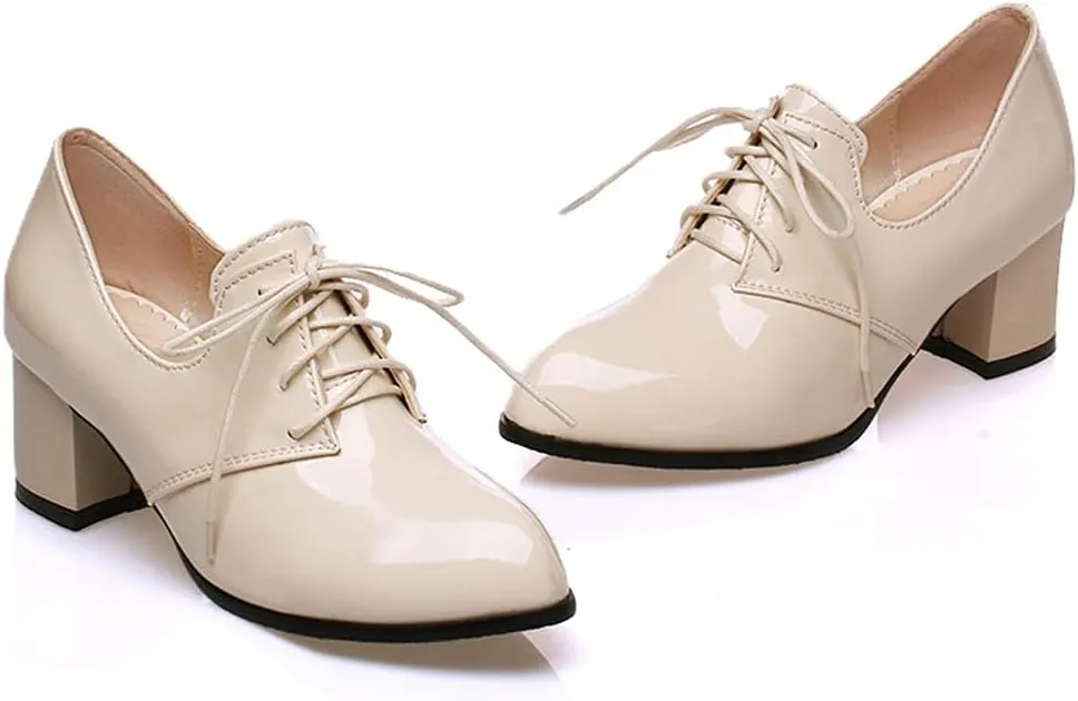 MIOKE Women's Pointed Toe Pump Oxfords Classic Patent Leather Lace Up Block Heel Brogue Western Dress Shoes