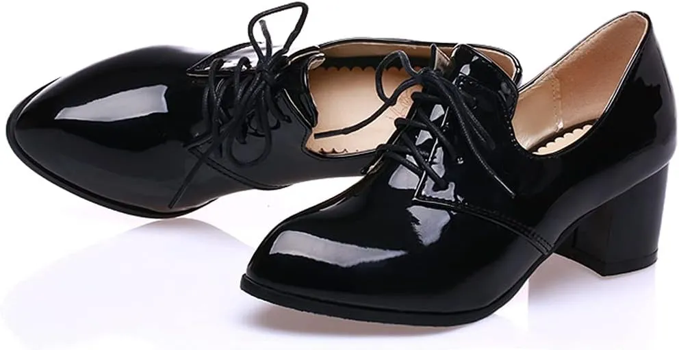 MIOKE Women's Pointed Toe Pump Oxfords Classic Patent Leather Lace Up Block Heel Brogue Western Dress Shoes