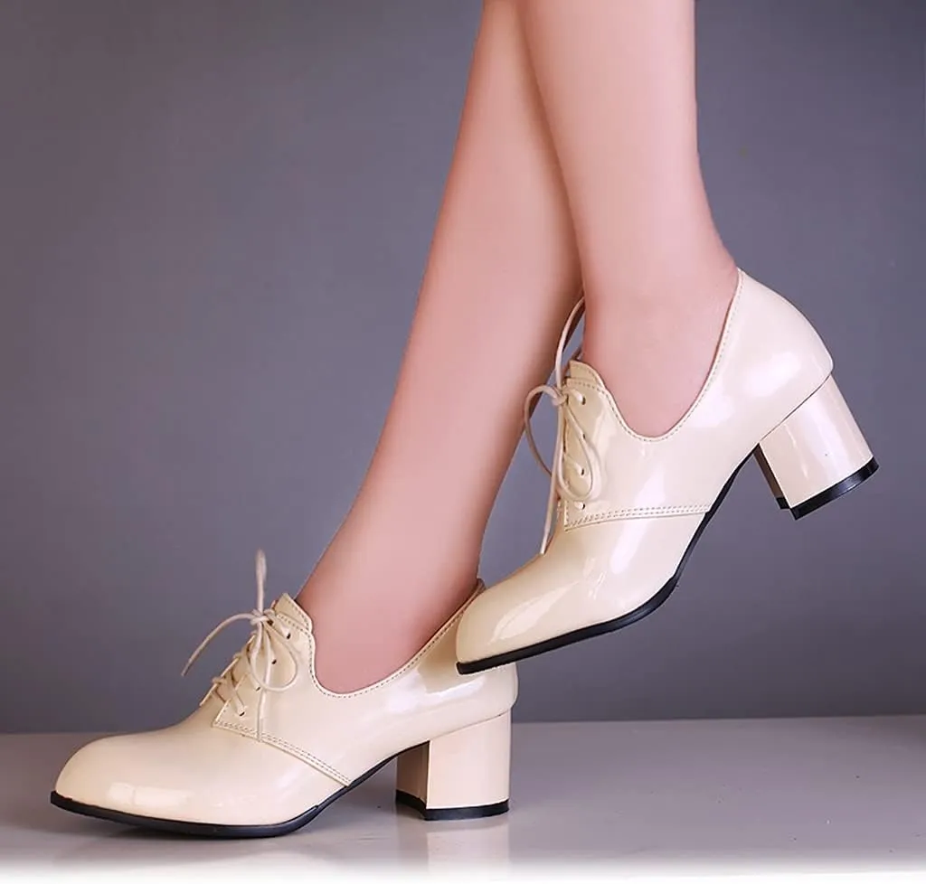 MIOKE Women's Pointed Toe Pump Oxfords Classic Patent Leather Lace Up Block Heel Brogue Western Dress Shoes