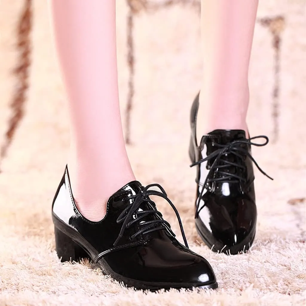 MIOKE Women's Pointed Toe Pump Oxfords Classic Patent Leather Lace Up Block Heel Brogue Western Dress Shoes