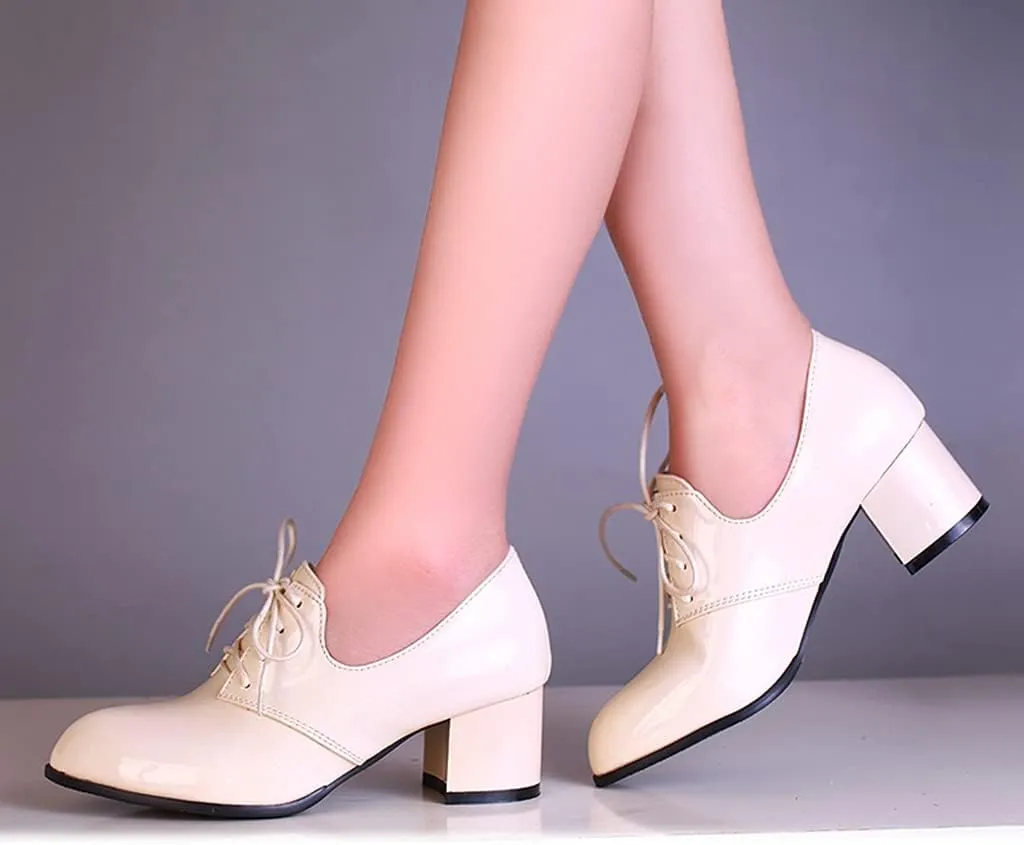 MIOKE Women's Pointed Toe Pump Oxfords Classic Patent Leather Lace Up Block Heel Brogue Western Dress Shoes
