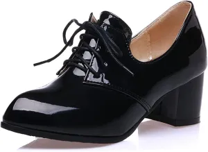 MIOKE Women's Pointed Toe Pump Oxfords Classic Patent Leather Lace Up Block Heel Brogue Western Dress Shoes