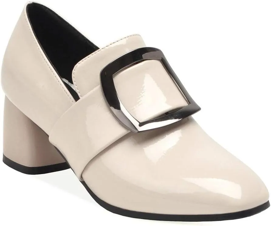 MIOKE Women's Square Toe Buckle Pump Penny Loafer Patent Leather Slip On Block Mid Heel Classic Oxford Shoes