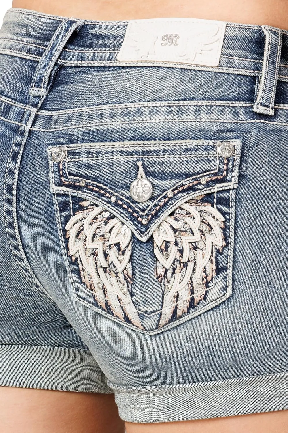 Miss Me Women's Raven Wing Faux Flap Pockets Cuffed Hem Mid-Rise Shorts