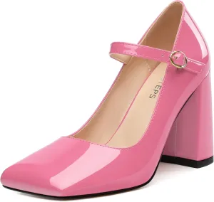MOVINSTEPS Chunky High Heels for Women Patent Square Closed Toe Slip on Heeled Sandals Classic Office Fashion Dress Shoes 3.8 Inch