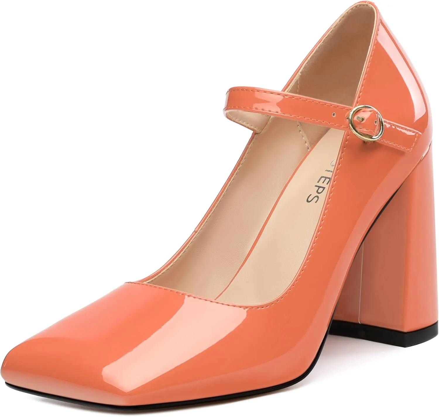MOVINSTEPS Chunky High Heels for Women Patent Square Closed Toe Slip on Heeled Sandals Classic Office Fashion Dress Shoes 3.8 Inch