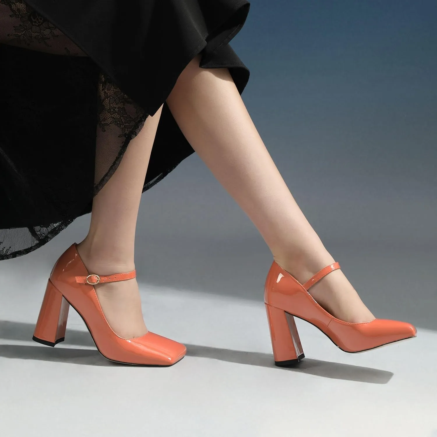 MOVINSTEPS Chunky High Heels for Women Patent Square Closed Toe Slip on Heeled Sandals Classic Office Fashion Dress Shoes 3.8 Inch
