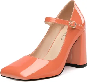 MOVINSTEPS Chunky High Heels for Women Patent Square Closed Toe Slip on Heeled Sandals Classic Office Fashion Dress Shoes 3.8 Inch
