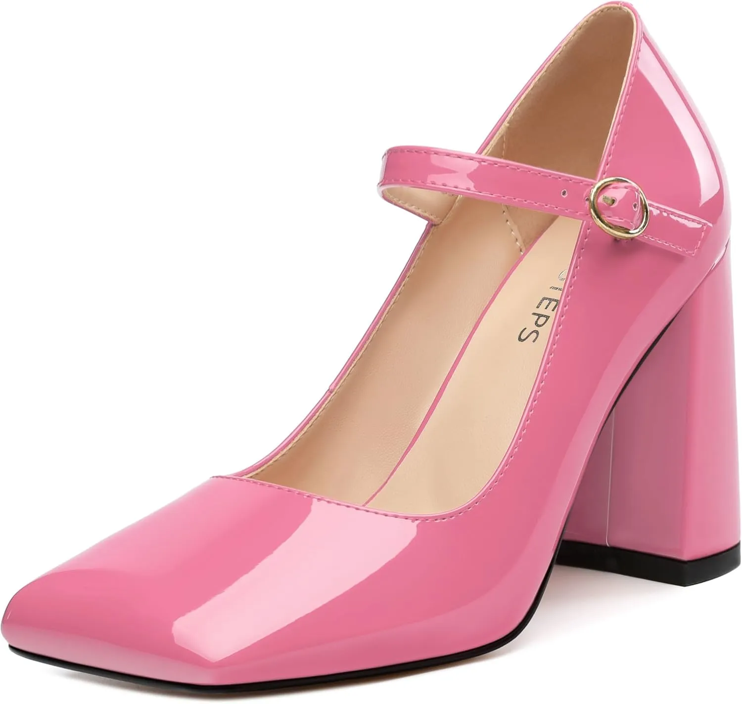 MOVINSTEPS Chunky High Heels for Women Patent Square Closed Toe Slip on Heeled Sandals Classic Office Fashion Dress Shoes 3.8 Inch