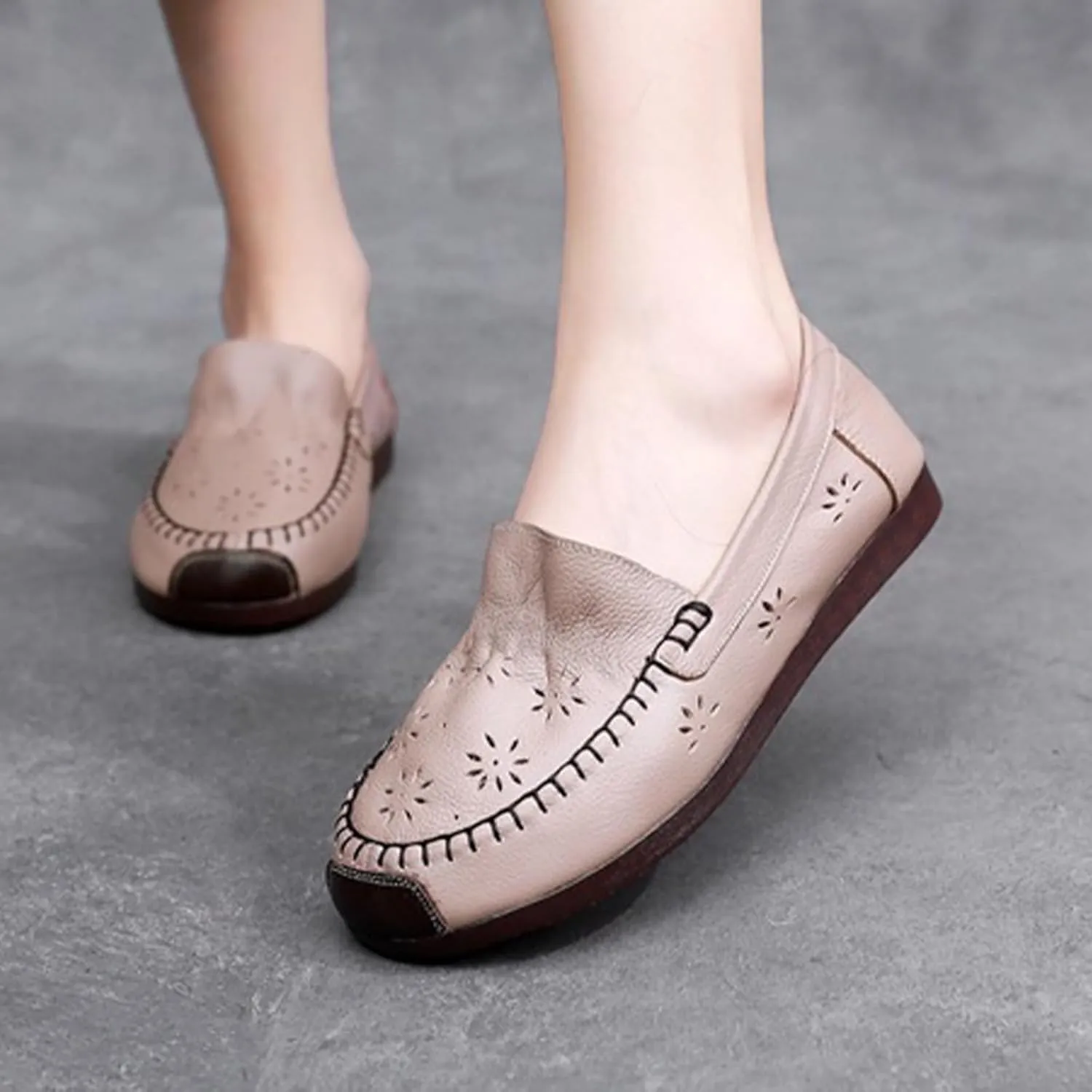 MOYOWEI Women's Leather Ruched Dress Flats Shoes,Summer/Fall Vintage Comfort Non-slip Softsole Oxford Casual Walking Loafers