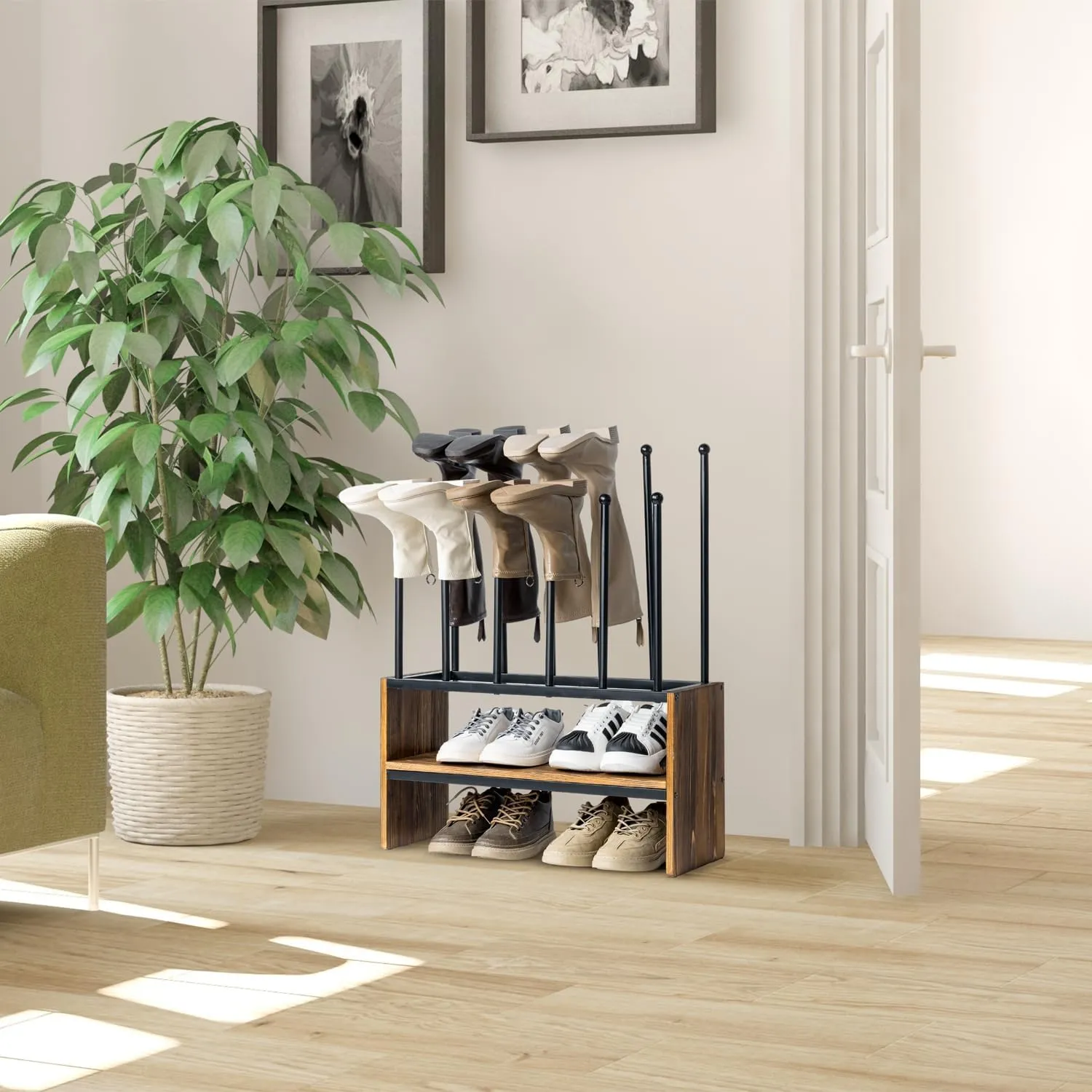 MyGift 2-Tier Boot and Shoe Rack, Urban Industrial Style Burnt Solid Wood and Matte Black Metal Freestanding Boots Holder Entryway Storage Organizer Bench