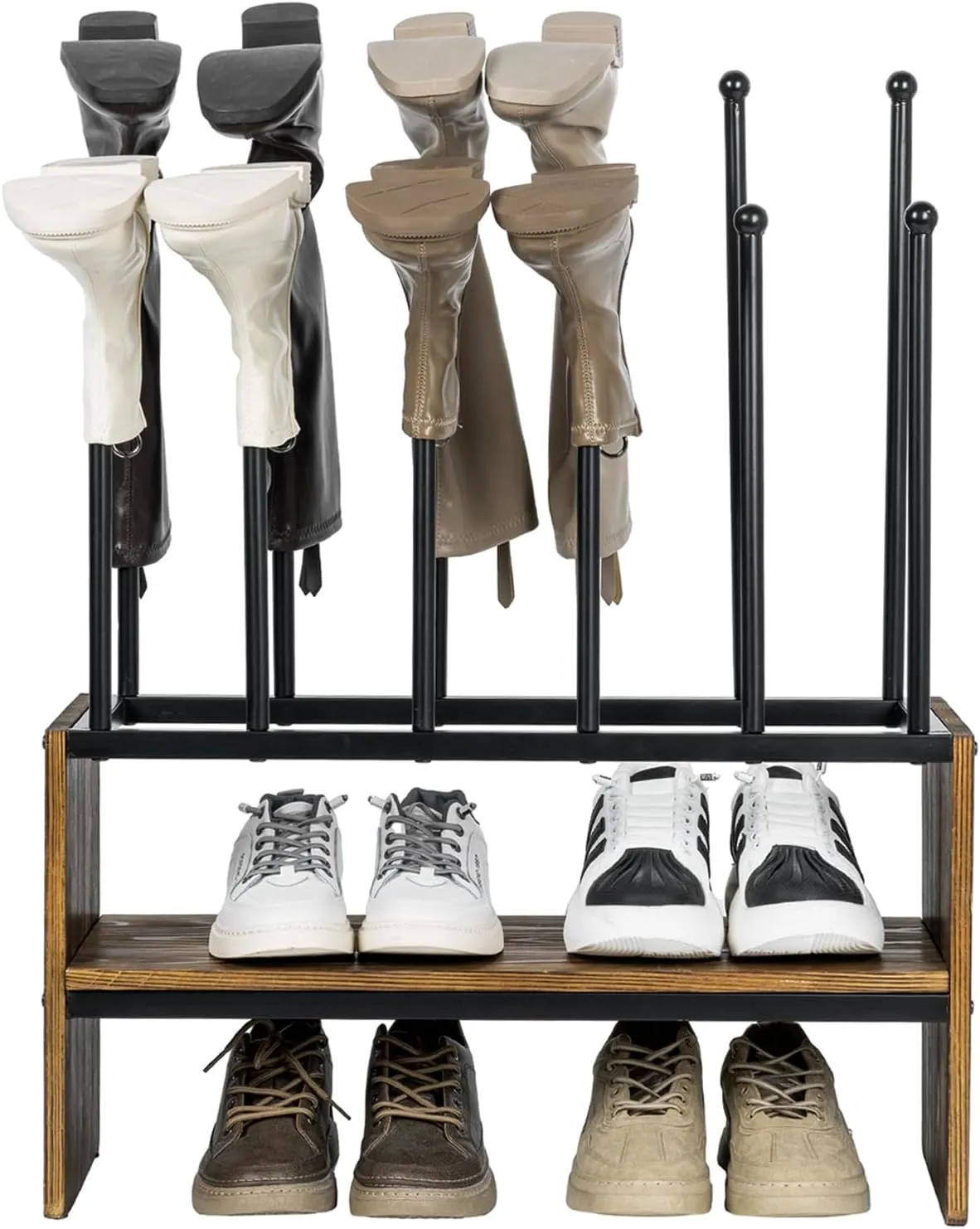 MyGift 2-Tier Boot and Shoe Rack, Urban Industrial Style Burnt Solid Wood and Matte Black Metal Freestanding Boots Holder Entryway Storage Organizer Bench