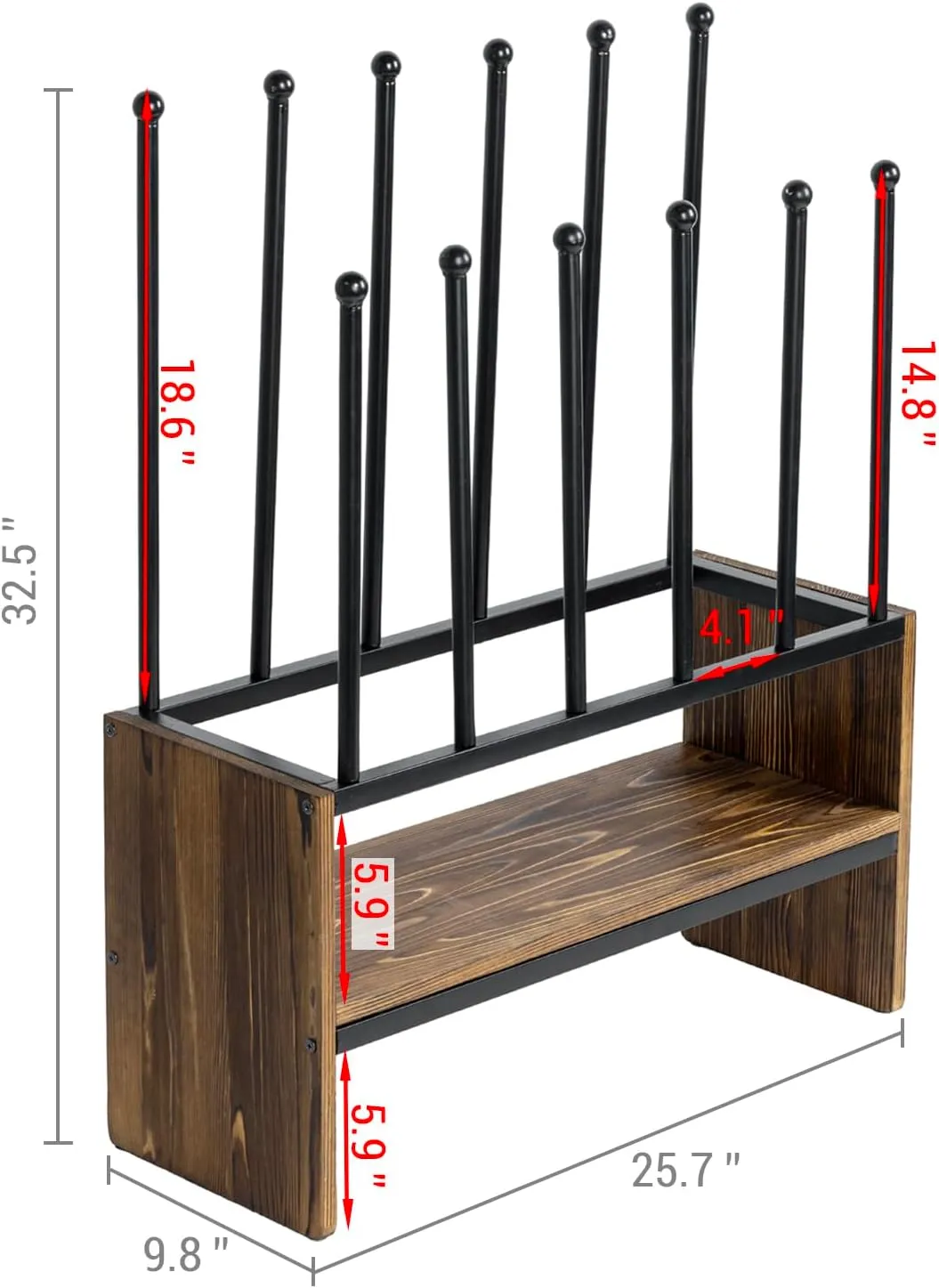 MyGift 2-Tier Boot and Shoe Rack, Urban Industrial Style Burnt Solid Wood and Matte Black Metal Freestanding Boots Holder Entryway Storage Organizer Bench
