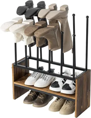 MyGift 2-Tier Boot and Shoe Rack, Urban Industrial Style Burnt Solid Wood and Matte Black Metal Freestanding Boots Holder Entryway Storage Organizer Bench