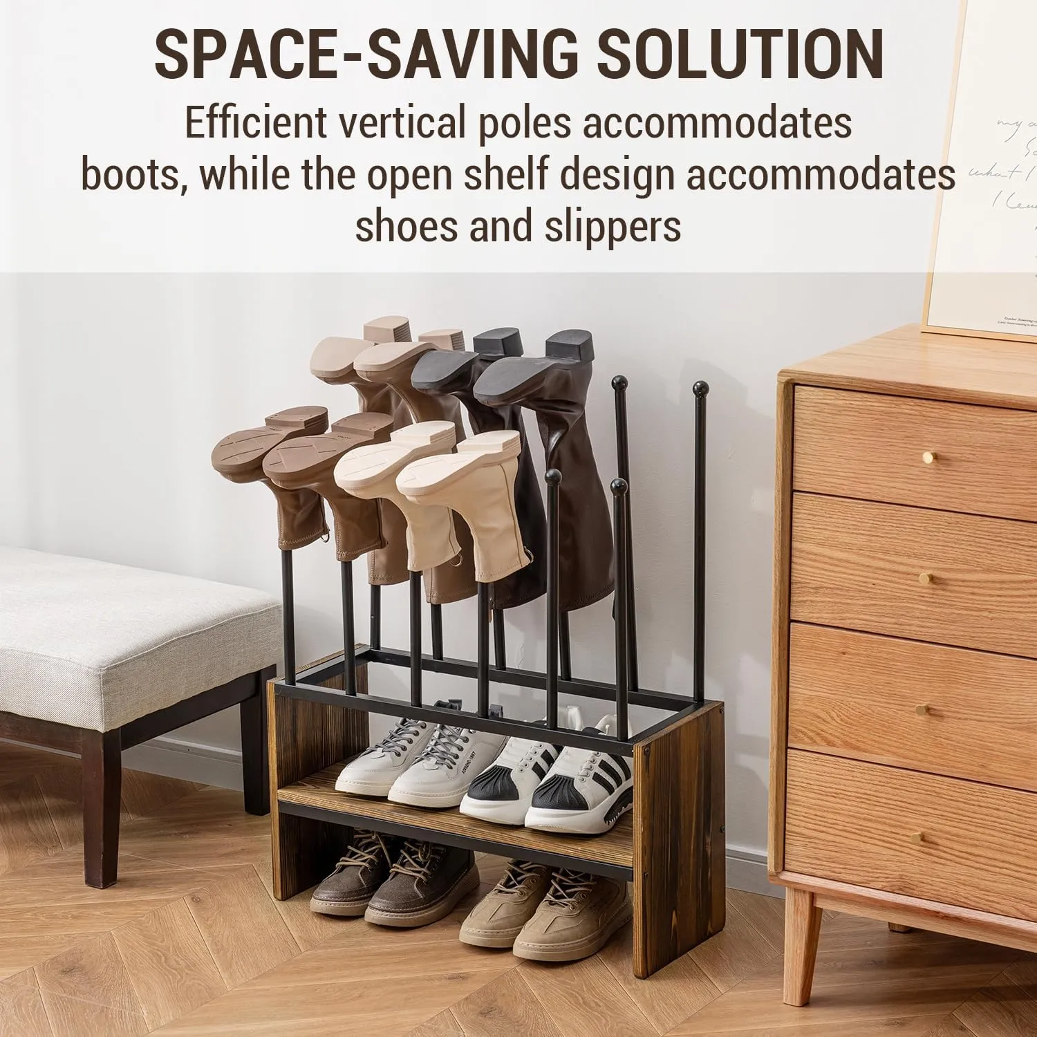 MyGift 2-Tier Boot and Shoe Rack, Urban Industrial Style Burnt Solid Wood and Matte Black Metal Freestanding Boots Holder Entryway Storage Organizer Bench