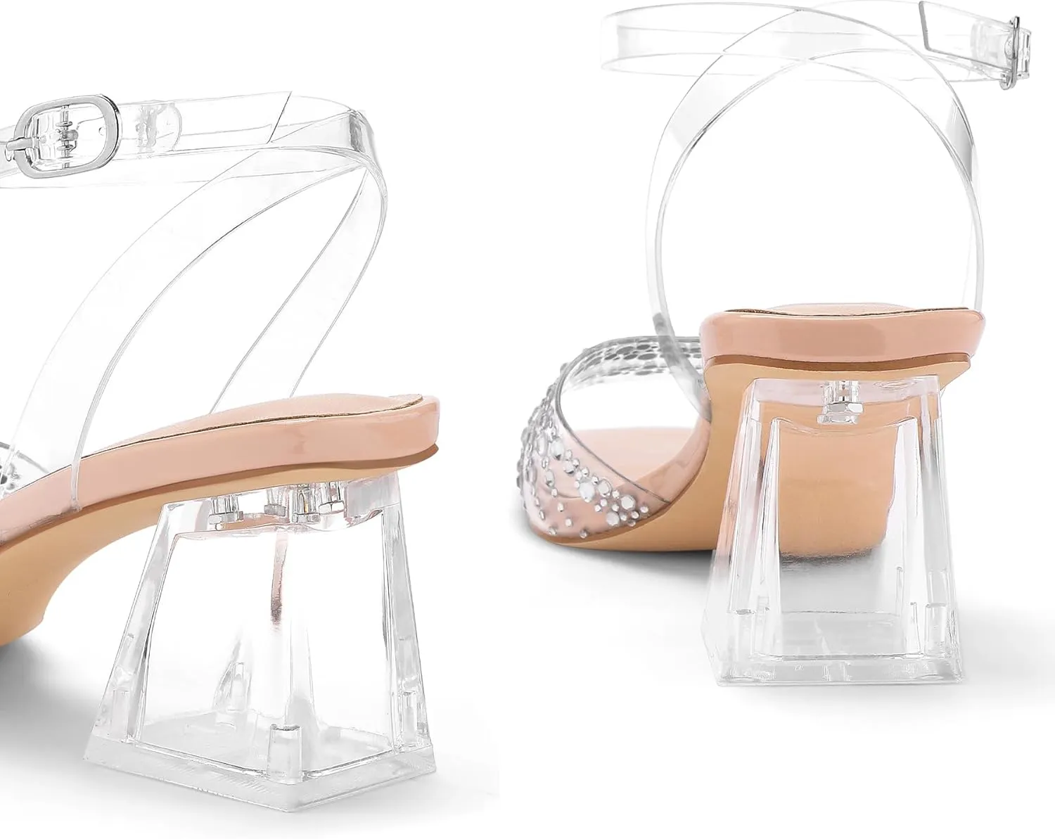 mysoft Women's Clear Heels Low Chunky Heel Open Toe Transparent Zebra Rhinestones Block Heeled Sandals Ankle Strap Shoes
