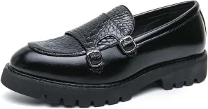 NELSBREXMen's Leather Printed Platform Lug Sole Penny Loafers with Double Monk Buckles Vintage Comfortable Slip-On Non-Slip Business Work Formal Shoes Party Wedding Dress Loafers