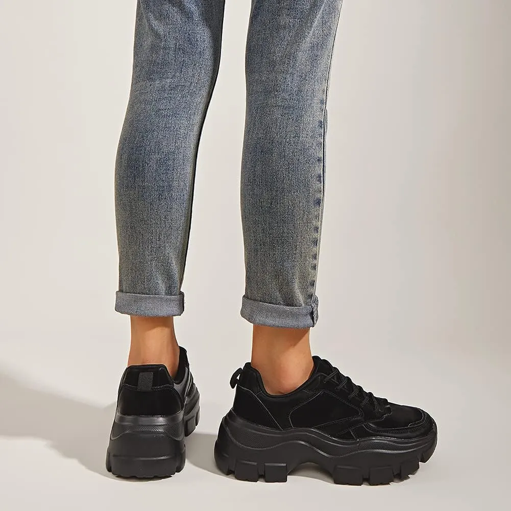 Niluber Women's Chunky Platform Sneakers Hologram Black White Silver Lace-Up Casual Fashion Walking Sport Rave Shoes