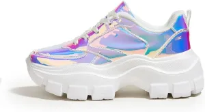 Niluber Women's Chunky Platform Sneakers Hologram Black White Silver Lace-Up Casual Fashion Walking Sport Rave Shoes