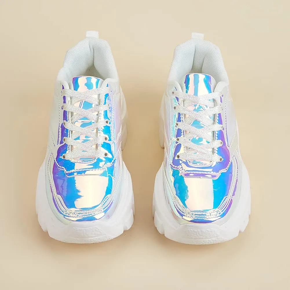 Niluber Women's Chunky Platform Sneakers Hologram Black White Silver Lace-Up Casual Fashion Walking Sport Rave Shoes