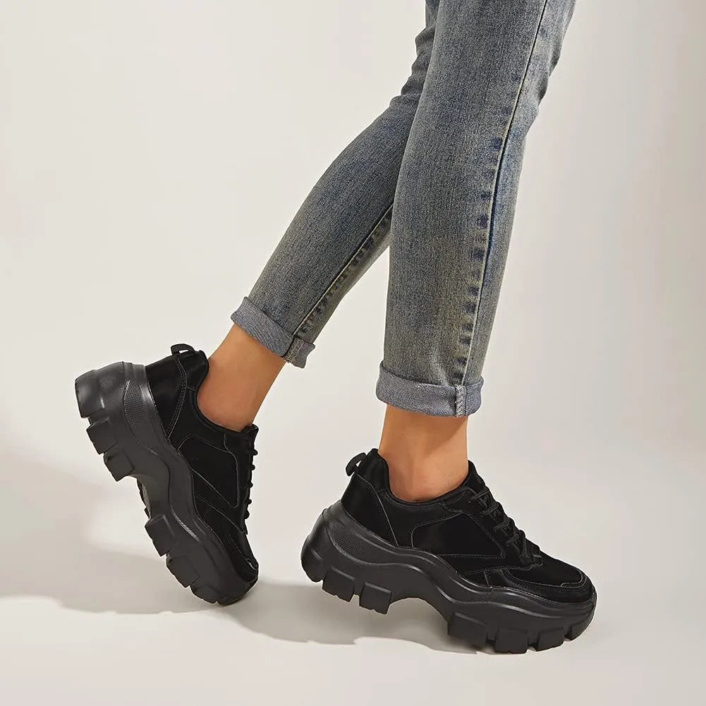 Niluber Women's Chunky Platform Sneakers Hologram Black White Silver Lace-Up Casual Fashion Walking Sport Rave Shoes