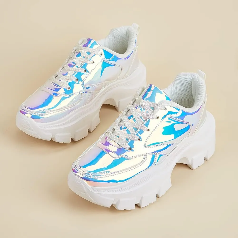 Niluber Women's Chunky Platform Sneakers Hologram Black White Silver Lace-Up Casual Fashion Walking Sport Rave Shoes