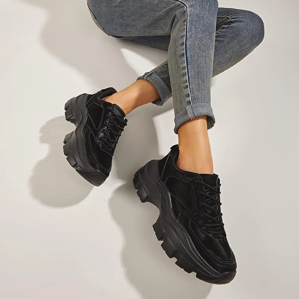 Niluber Women's Chunky Platform Sneakers Hologram Black White Silver Lace-Up Casual Fashion Walking Sport Rave Shoes