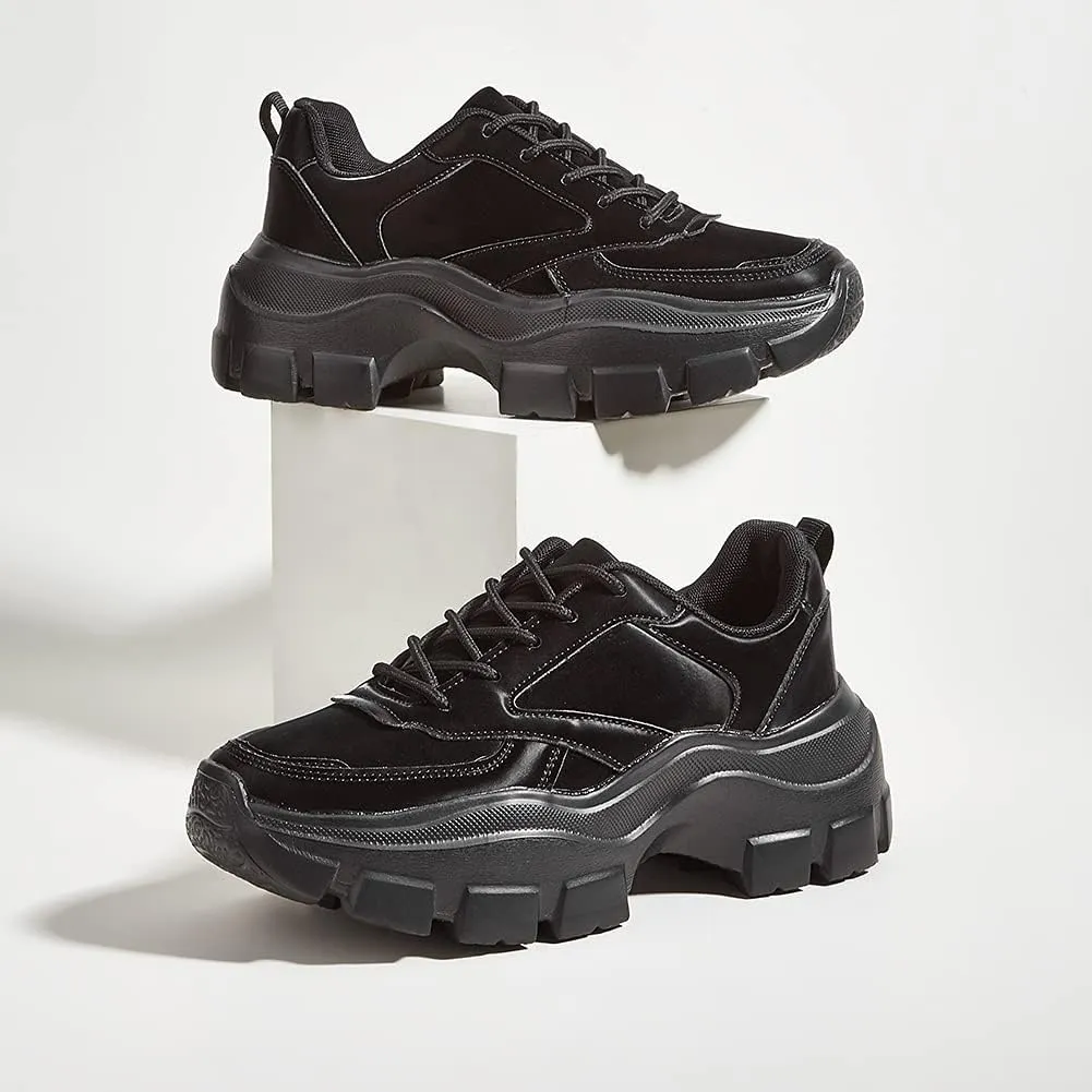 Niluber Women's Chunky Platform Sneakers Hologram Black White Silver Lace-Up Casual Fashion Walking Sport Rave Shoes
