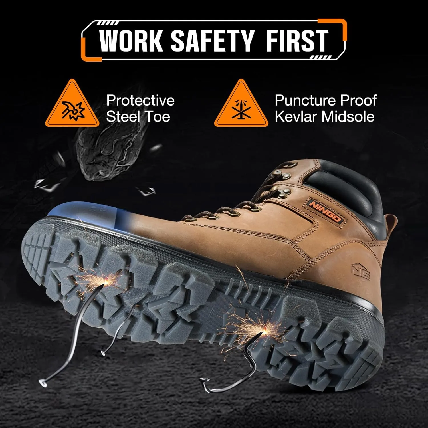 NINGO Work Boots for Men, Steel Toe Waterproof Boots with Puncture Proof, Oil & Slip Resistant, Comfortable Mens Construction Boot with EH Protection, Leather Shoes for Industrial