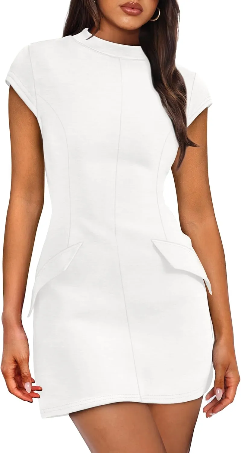 OFEEFAN Womens Summer Dress Mock Neck Short Sleeve Bodycon Party Club Mini Dresses