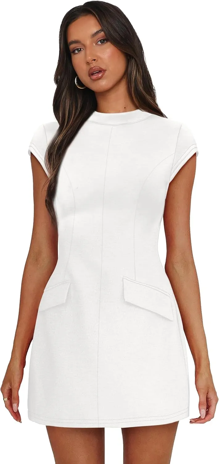 OFEEFAN Womens Summer Dress Mock Neck Short Sleeve Bodycon Party Club Mini Dresses
