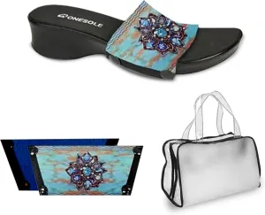 Onesole Leisure Denim Burst Shoe Kit, interchangeable Denim Burst and Solid Denim Blue tops and Clear Travel Bag, Tops for women's wedge Sandals 1 1/2" heel, As Seen on Shark Tank (Size 13)