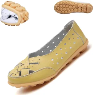 Orthopedic Loafers in Breathable Leather,Womens Casual Soft Sole Hollow Slip on Walking Shoes,Closed Toe Flat Boat Shoes