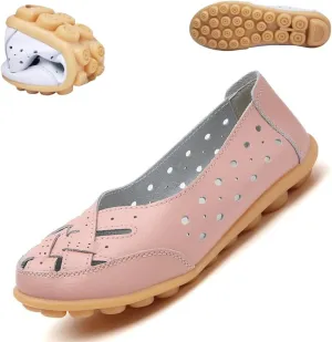 Orthopedic Loafers in Breathable Leather,Womens Casual Soft Sole Hollow Slip on Walking Shoes,Closed Toe Flat Boat Shoes