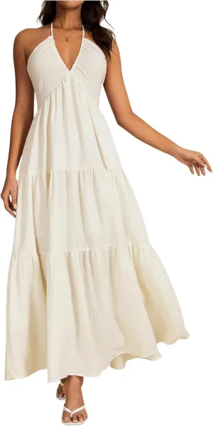 OYOANGLE Women's V Neck Tie Backless Halter Dress Ruched Flowy Vacation Maxi Dresses