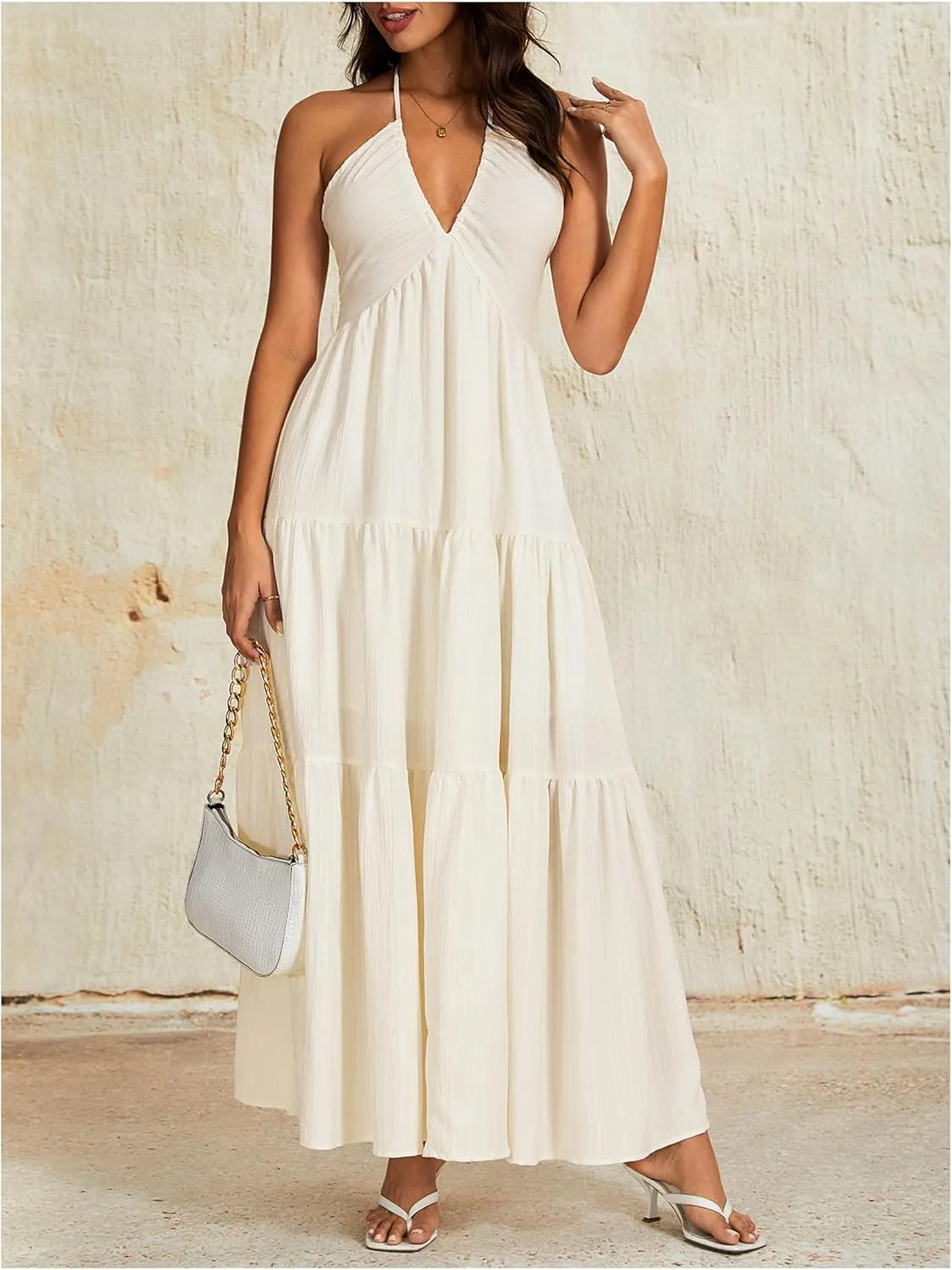OYOANGLE Women's V Neck Tie Backless Halter Dress Ruched Flowy Vacation Maxi Dresses