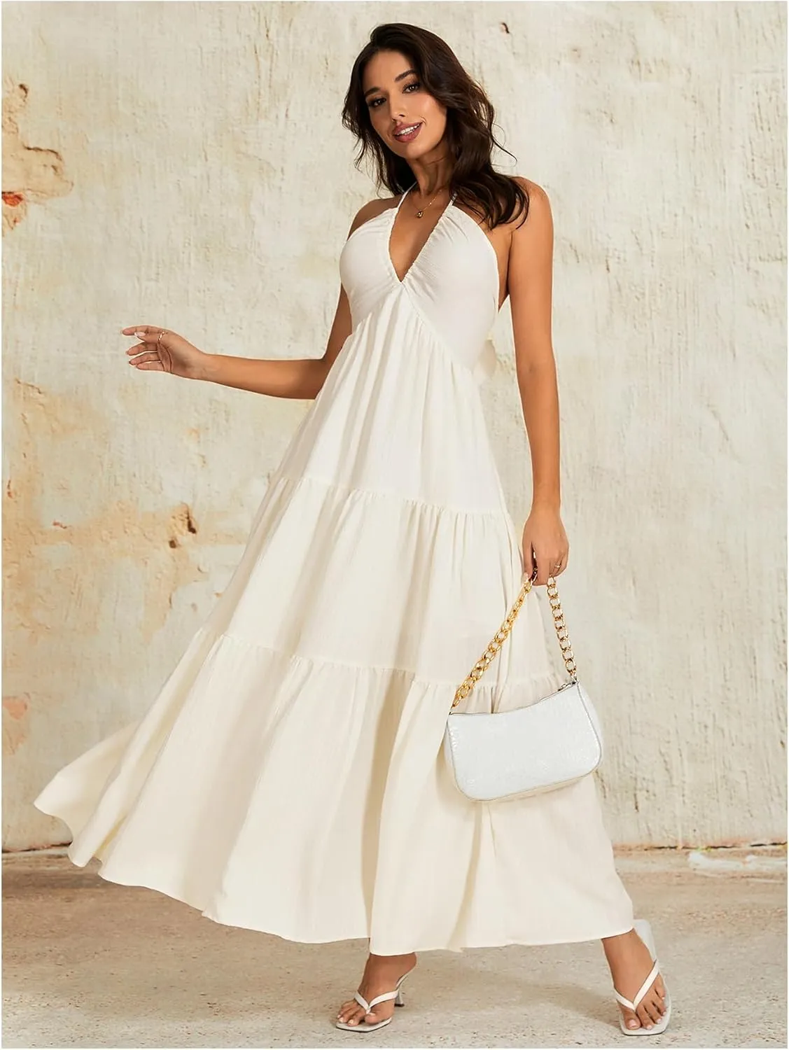 OYOANGLE Women's V Neck Tie Backless Halter Dress Ruched Flowy Vacation Maxi Dresses