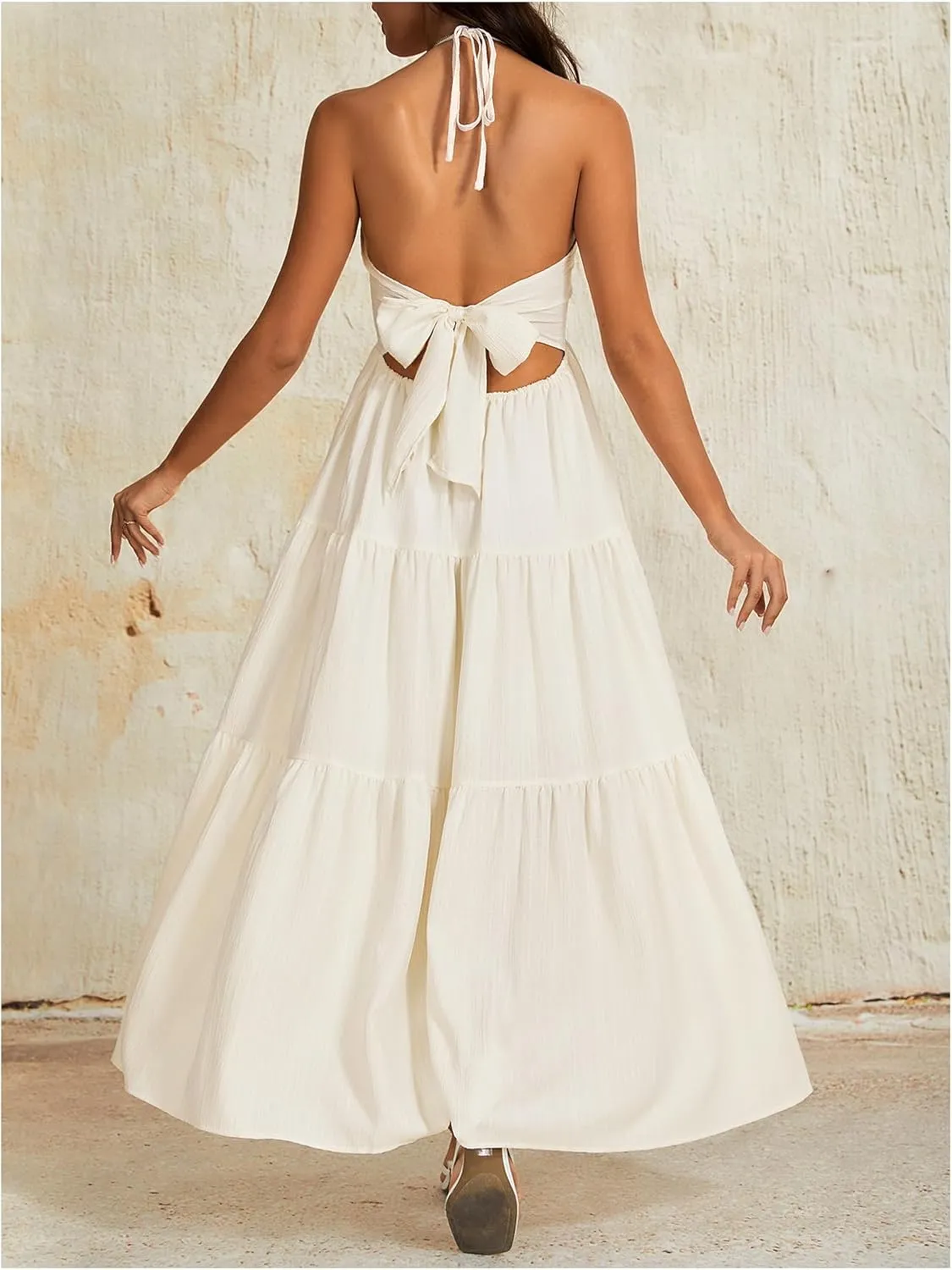 OYOANGLE Women's V Neck Tie Backless Halter Dress Ruched Flowy Vacation Maxi Dresses