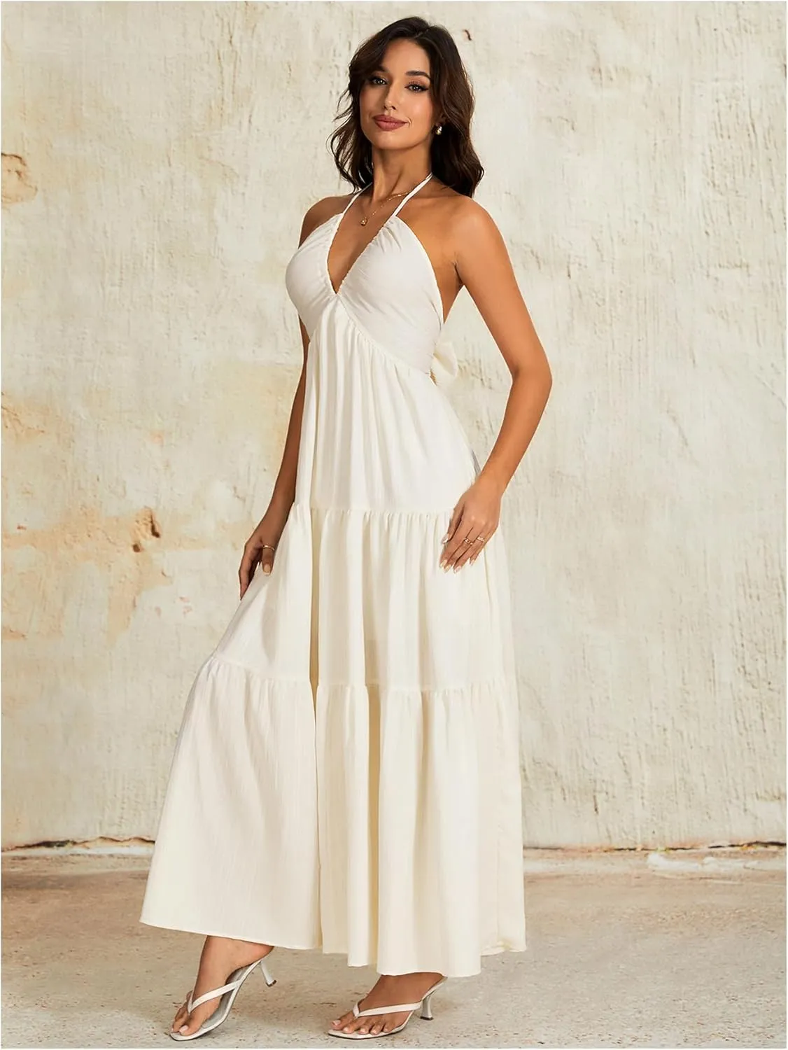 OYOANGLE Women's V Neck Tie Backless Halter Dress Ruched Flowy Vacation Maxi Dresses