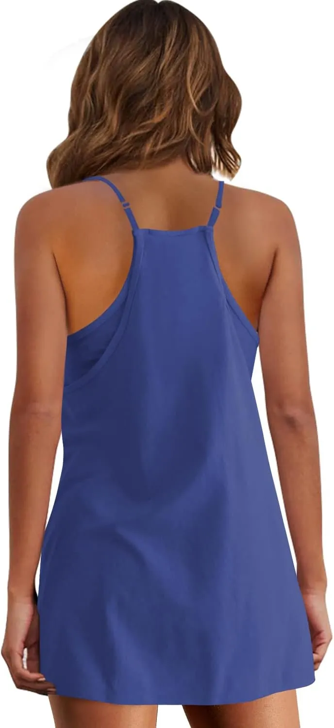 Panadila Womens Summer Sleeveless Mini Dress V Neck Spaghetti Strap Sundress Athletic Short Dress with Pockets