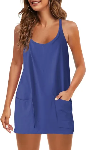 Panadila Womens Summer Sleeveless Mini Dress V Neck Spaghetti Strap Sundress Athletic Short Dress with Pockets