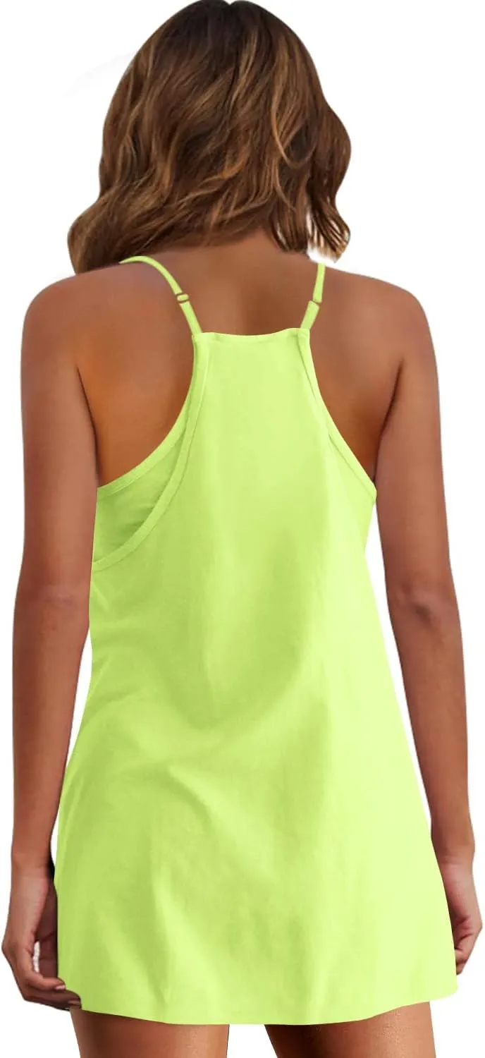 Panadila Womens Summer Sleeveless Mini Dress V Neck Spaghetti Strap Sundress Athletic Short Dress with Pockets