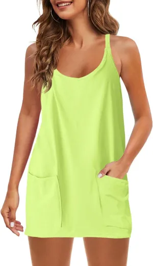 Panadila Womens Summer Sleeveless Mini Dress V Neck Spaghetti Strap Sundress Athletic Short Dress with Pockets